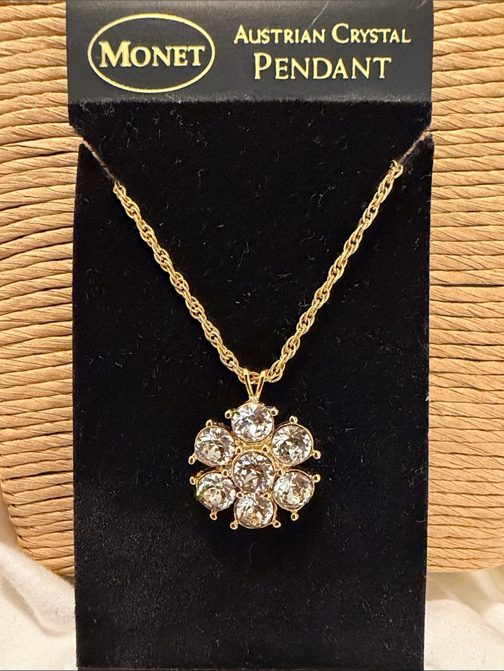 Vintage Monet Gold-Tone Floral Austrian Crystal Pendant Necklace